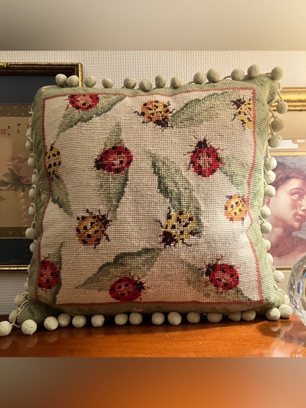 Vintage needlepoint ladybug pillow